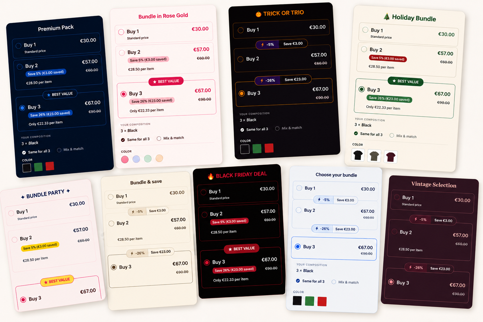 Bundle card styled to match the host store’s fonts, colors, and button shapes.